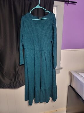 BloomChic Teal Ribbed Long Sleeve Fit-and-Flare Dress